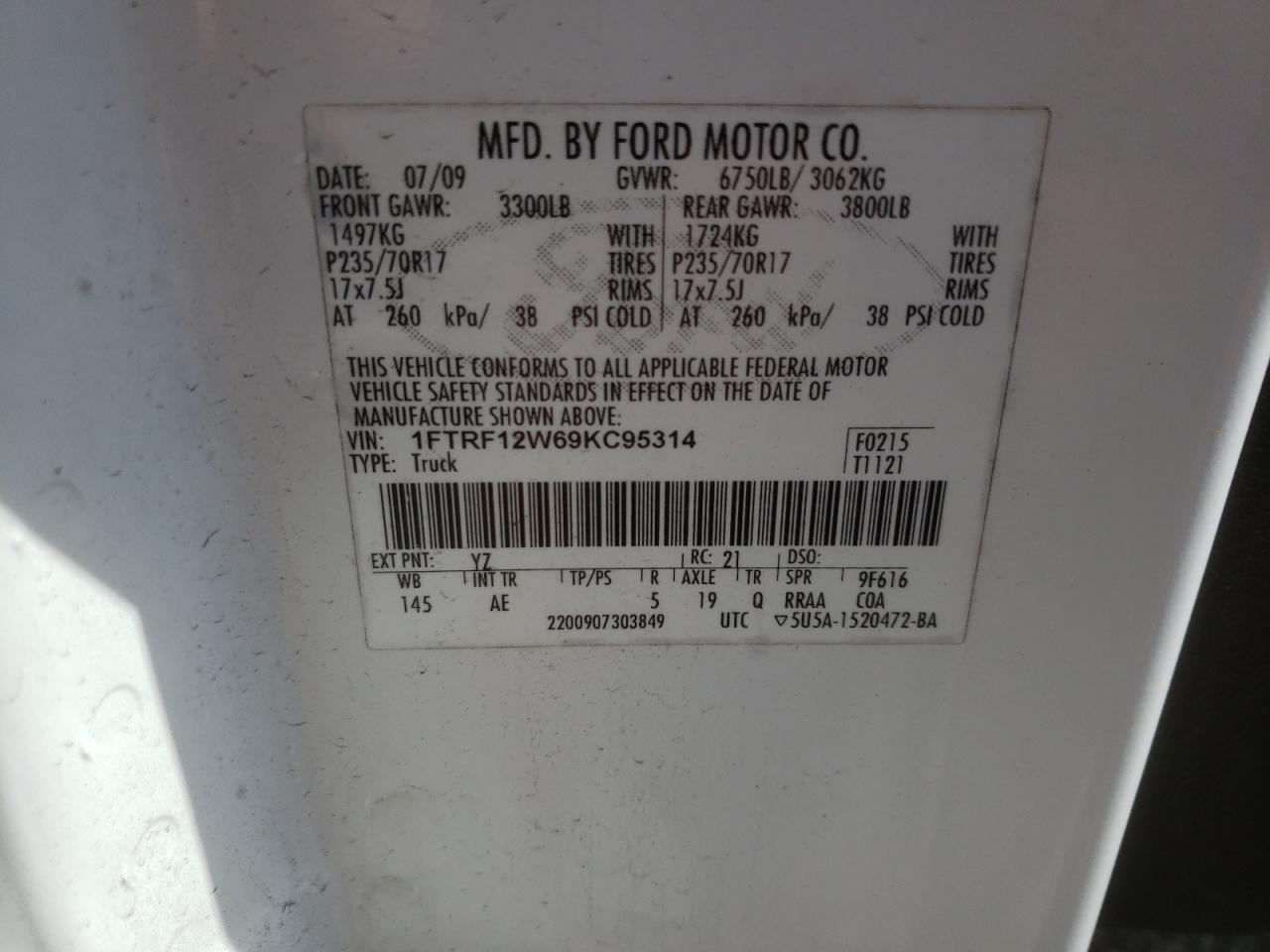 Photo 10 from auction – 2009 FORD F150 with VIN 1FTRF12W69KC95314