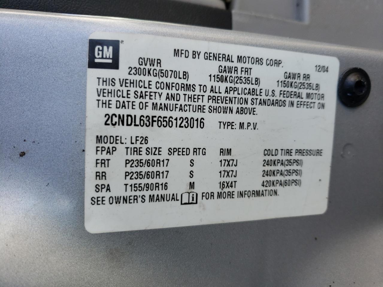 Photo 10 from auction – 2005 CHEVROLET EQUINOX LT with VIN 2CNDL63F656123016