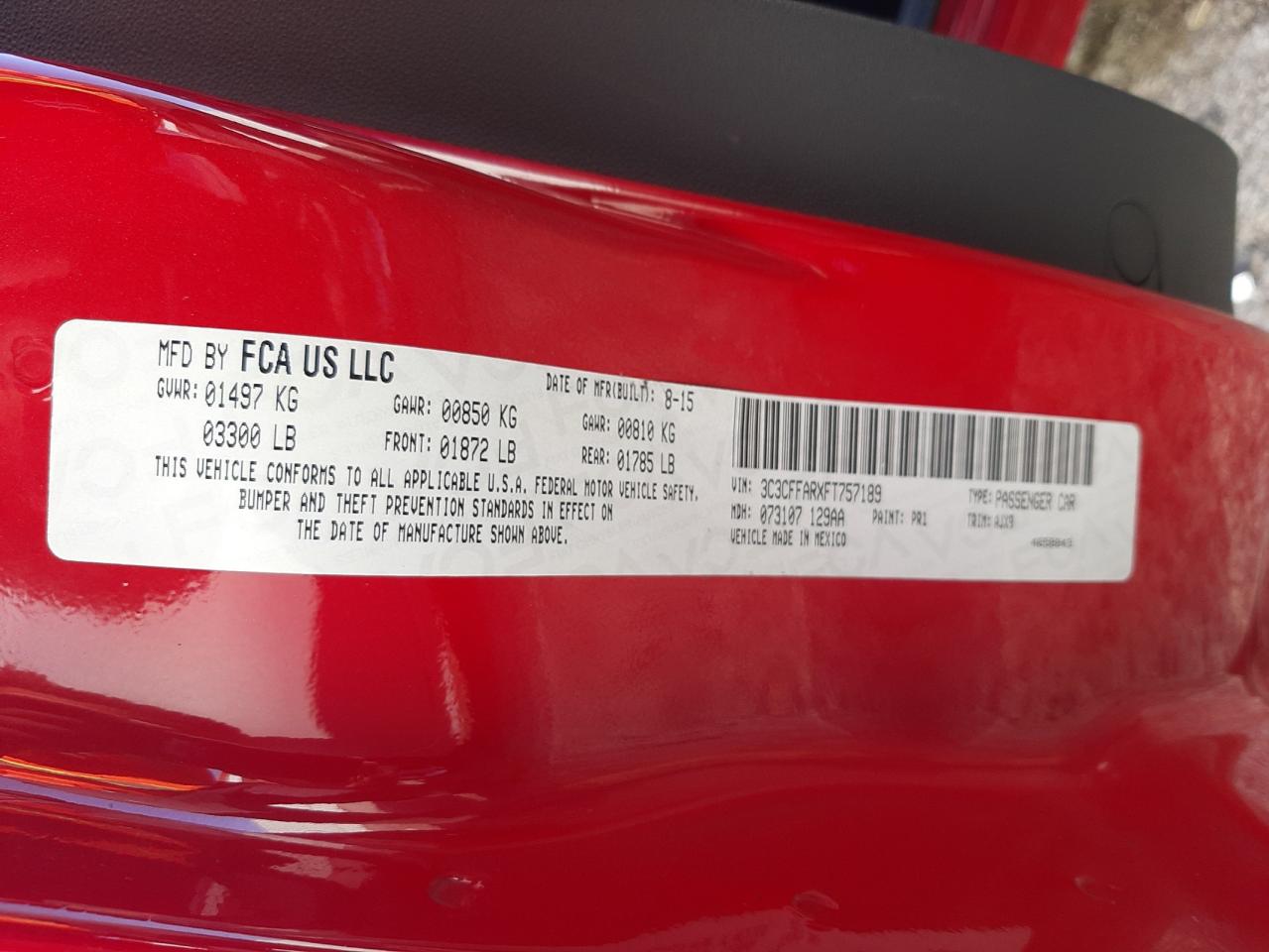 Photo 10 from auction – 2015 FIAT 500 POP with VIN 3C3CFFARXFT757189