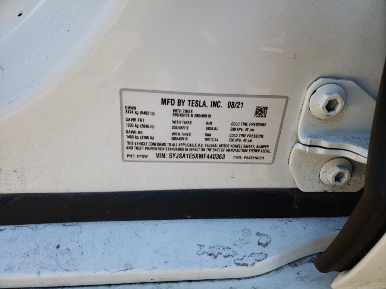Photo 10 from auction – 2021 TESLA MODEL S with VIN 5YJSA1E5XMF440363