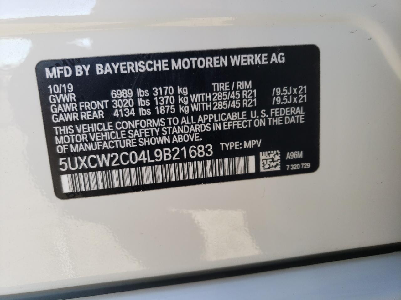 Photo 10 from auction – 2020 BMW X7 XDRIVE4 with VIN 5UXCW2C04L9B21683