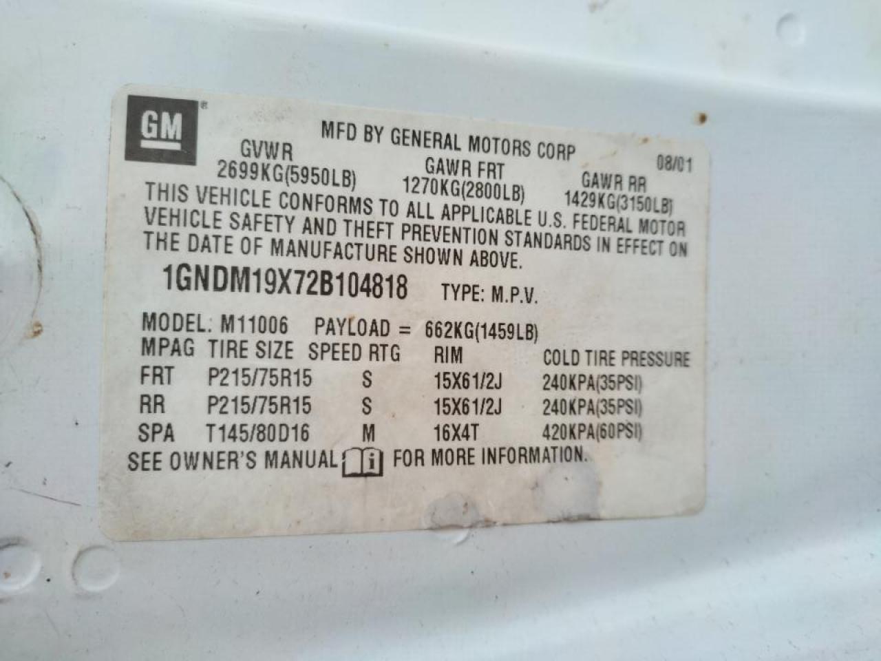Photo 10 from auction – 2002 CHEVROLET ASTRO with VIN 1GNDM19X72B104818