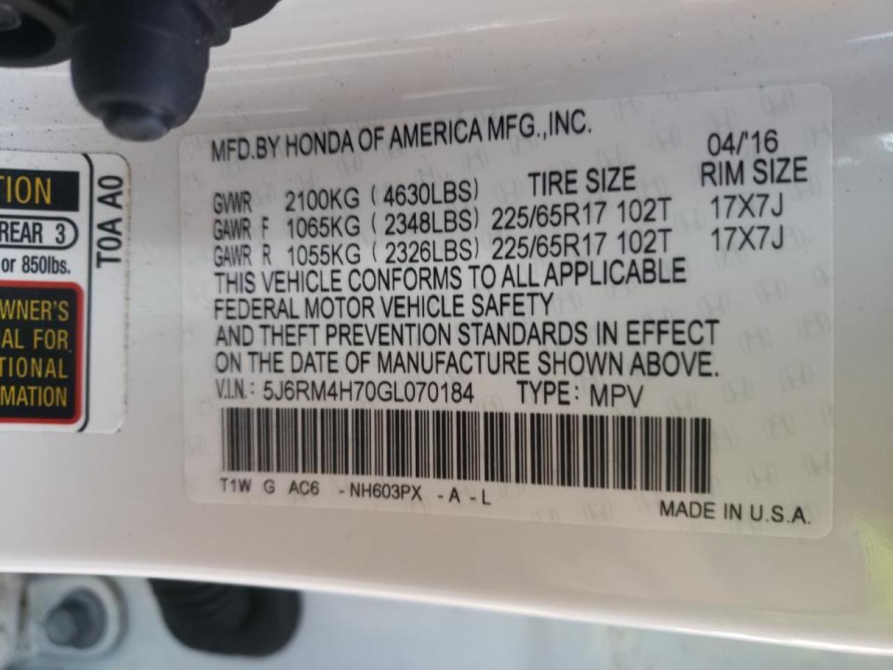 Photo 10 from auction – 2016 HONDA CR-V EXL with VIN 5J6RM4H70GL070184