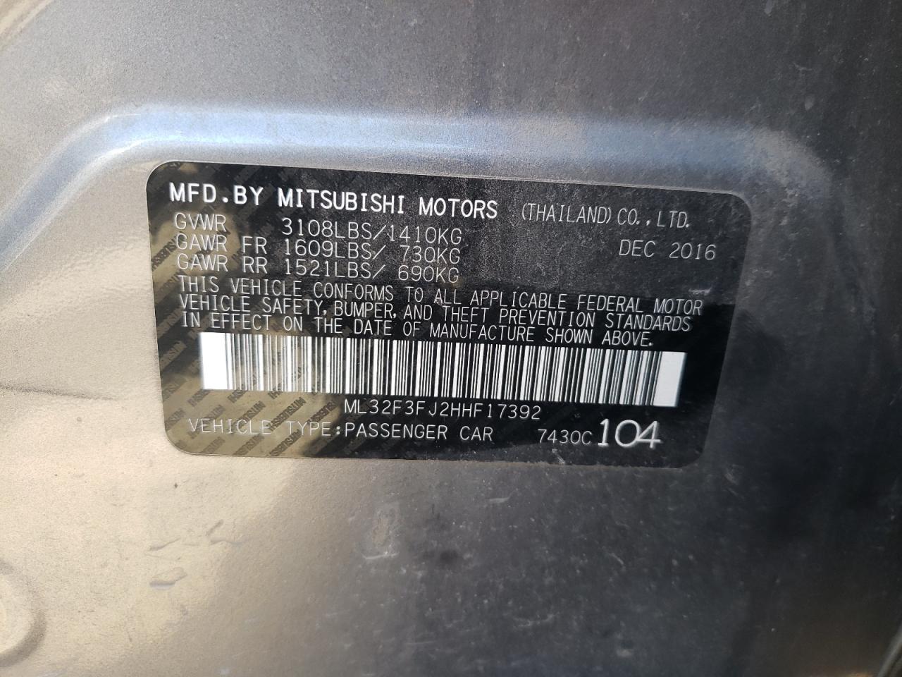 Photo 10 from auction – 2017 MITSUBISHI MIRAGE G4 with VIN ML32F3FJ2HHF17392