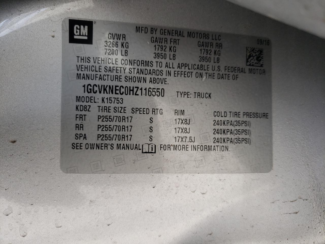 Photo 10 from auction – 2017 CHEVROLET SILVERADO with VIN 1GCVKNEC0HZ116550