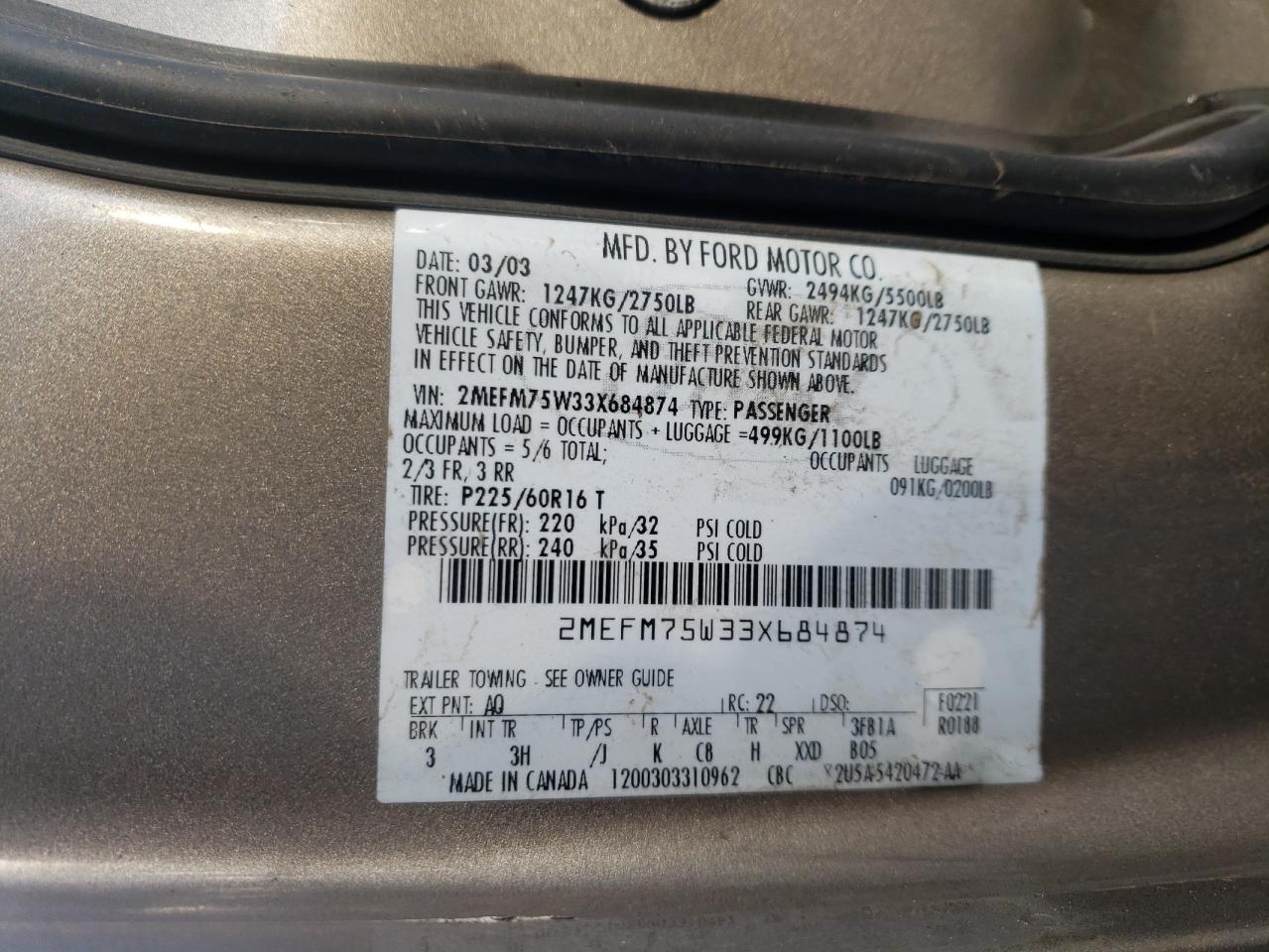 Photo 10 from auction – 2003 MERCURY GRAND MARQ with VIN 2MEFM75W33X684874
