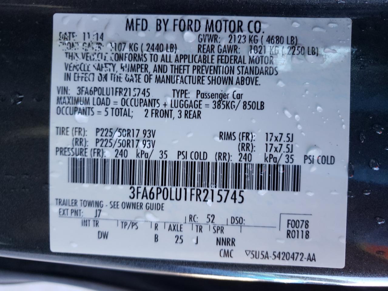 Photo 10 from auction – 2015 FORD FUSION SE with VIN 3FA6P0LU1FR215745