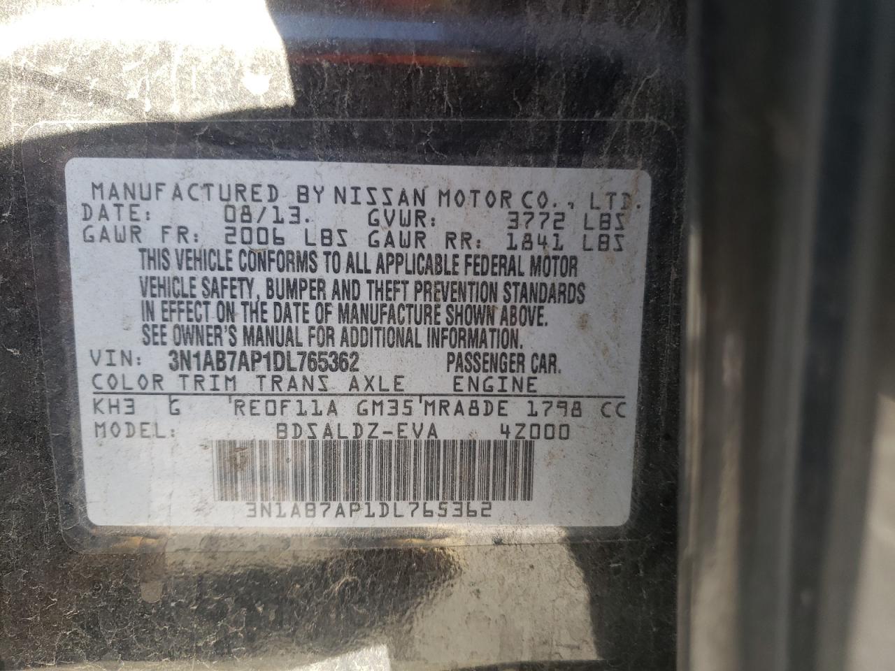 Photo 10 from auction – 2013 NISSAN SENTRA S with VIN 3N1AB7AP1DL765362
