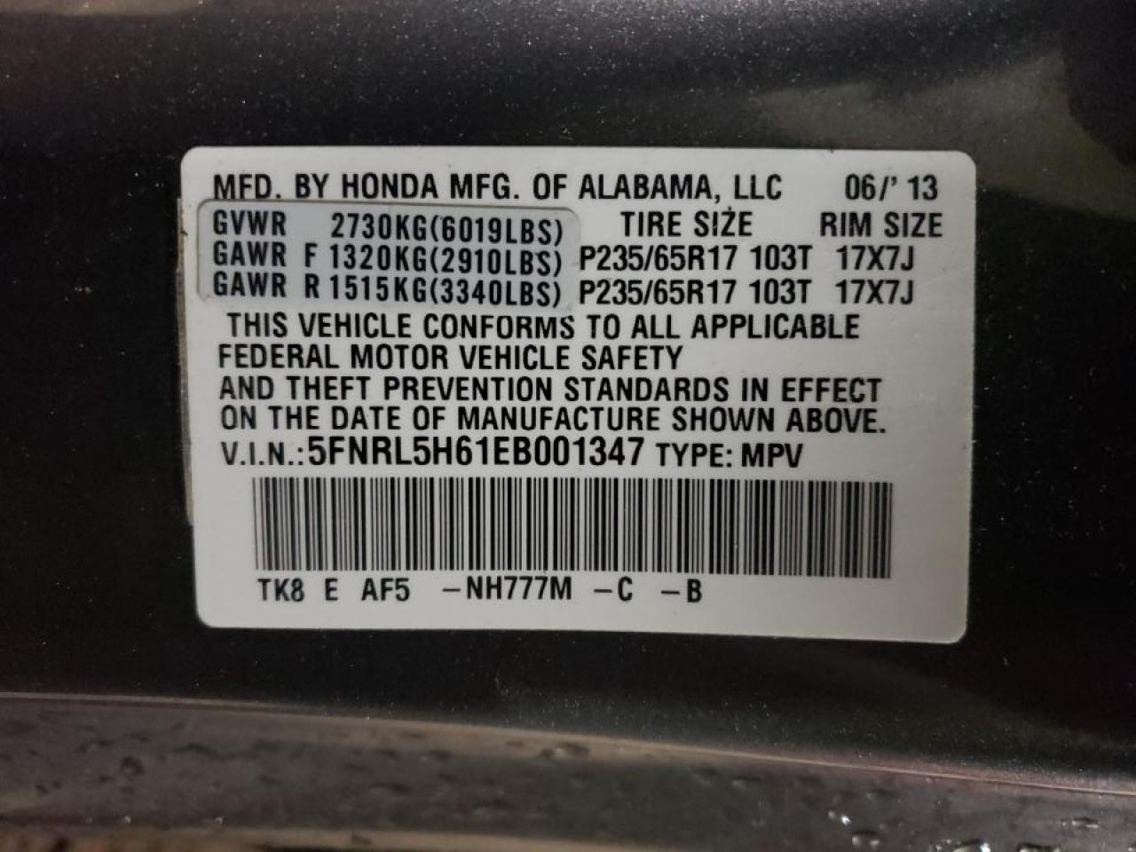 Photo 10 from auction – 2014 HONDA ODYSSEY EX with VIN 5FNRL5H61EB001347