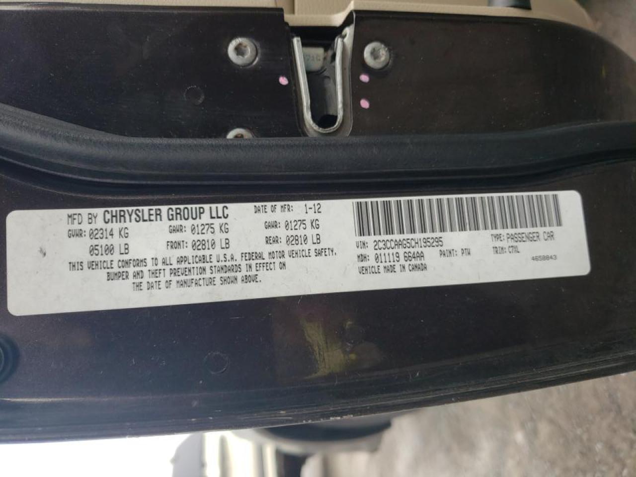 Photo 10 from auction – 2012 CHRYSLER 300 with VIN 2C3CCAAG5CH195295