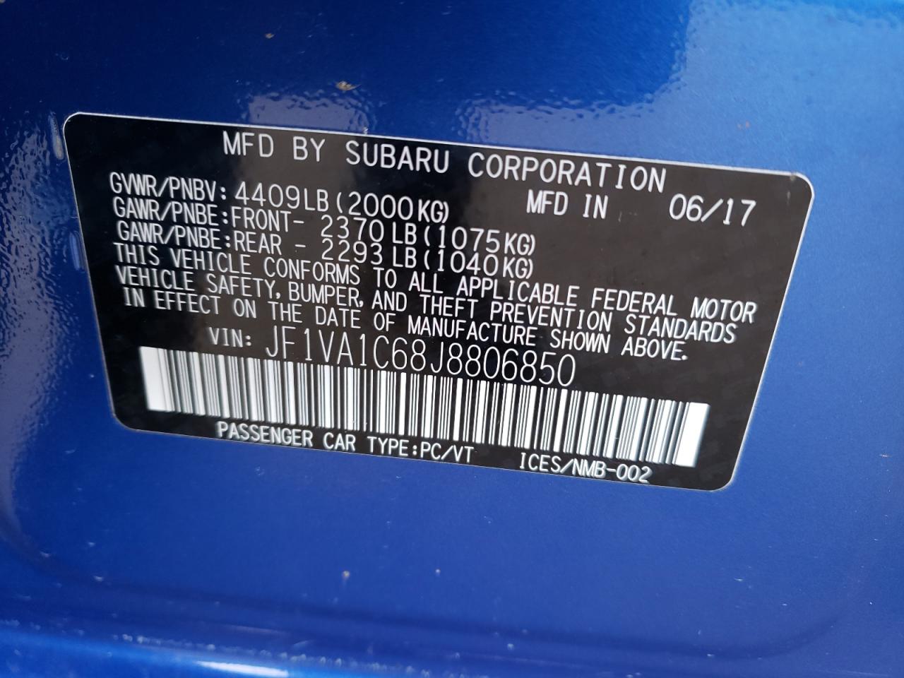 Photo 10 from auction – 2018 SUBARU WRX PREMIU with VIN JF1VA1C68J8806850
