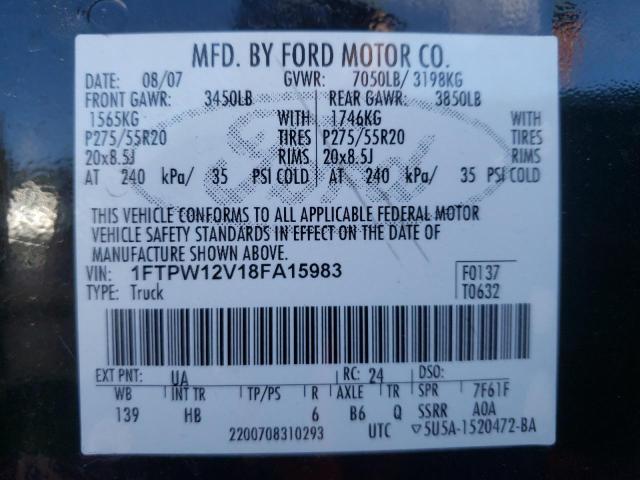 Photo 10 from auction – 2008 FORD F150 SUPER with VIN 1FTPW12V18FA15983