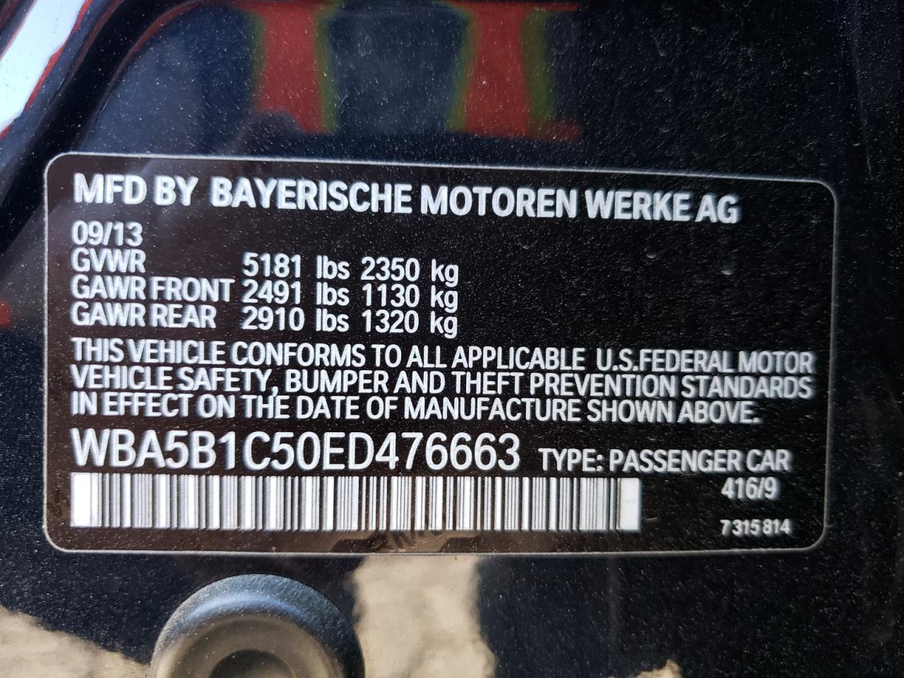 Photo 10 from auction – 2014 BMW 535 I with VIN WBA5B1C50ED476663