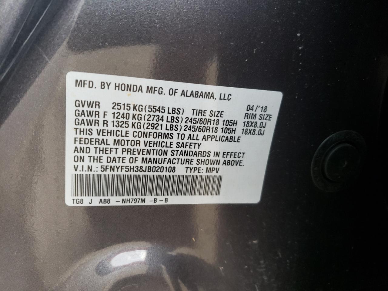 Foto 10 de la subasta – 2018 HONDA PILOT EX con VIN 5FNYF5H38JB020108