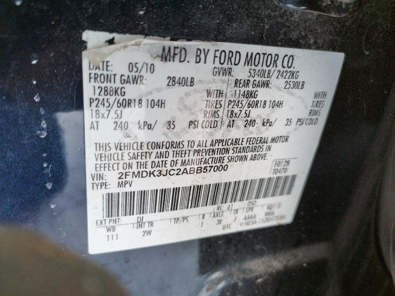 Photo 10 from auction – 2010 FORD EDGE SEL with VIN 2FMDK3JC2ABB57000