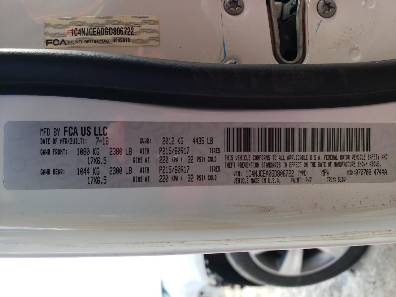 Photo 10 from auction – 2016 JEEP COMPASS LA with VIN 1C4NJCEA0GD806722