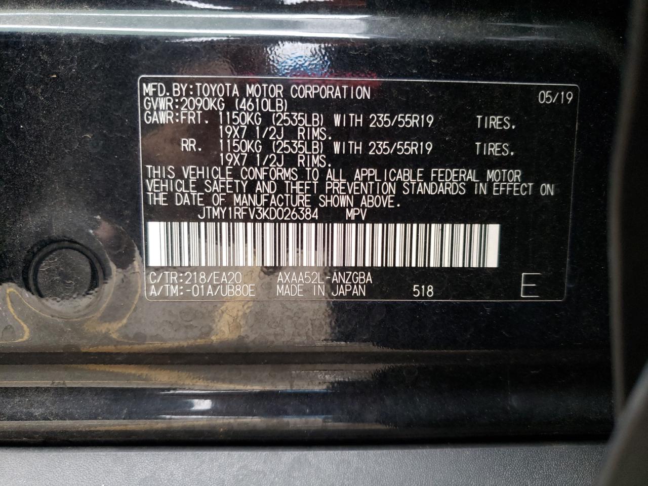 Photo 10 from auction – 2019 TOYOTA RAV4 LIMIT with VIN JTMY1RFV3KD026384