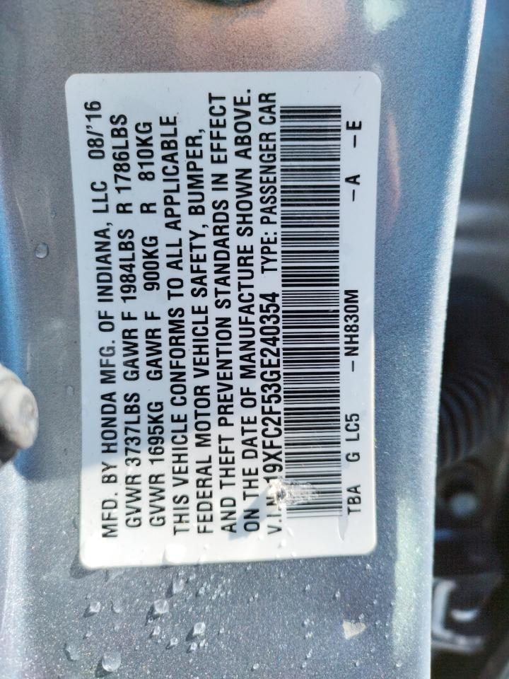 Photo 10 from auction – 2016 HONDA CIVIC LX with VIN 19XFC2F53GE240354