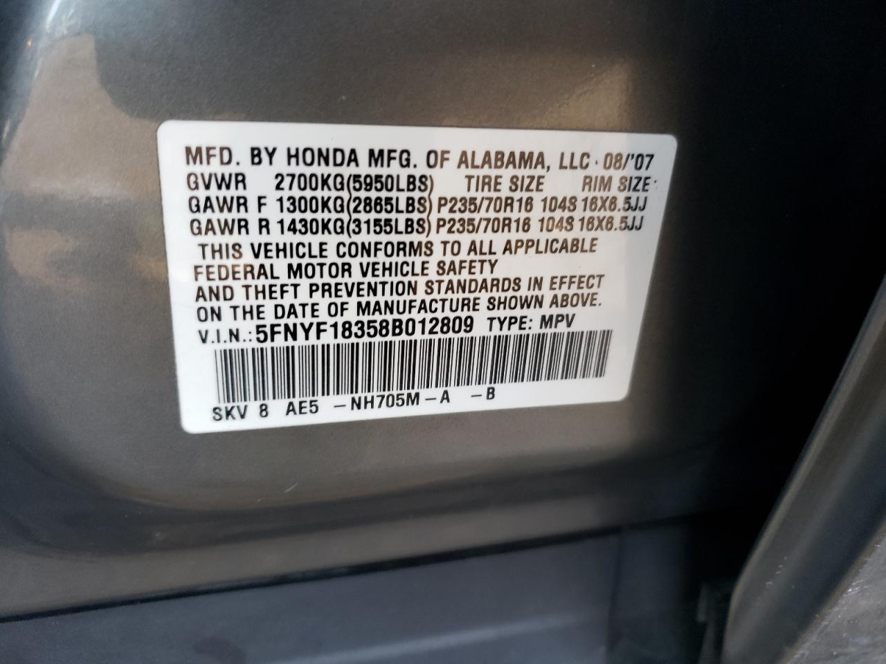 Photo 10 from auction – 2008 HONDA PILOT SE with VIN 5FNYF18358B012809