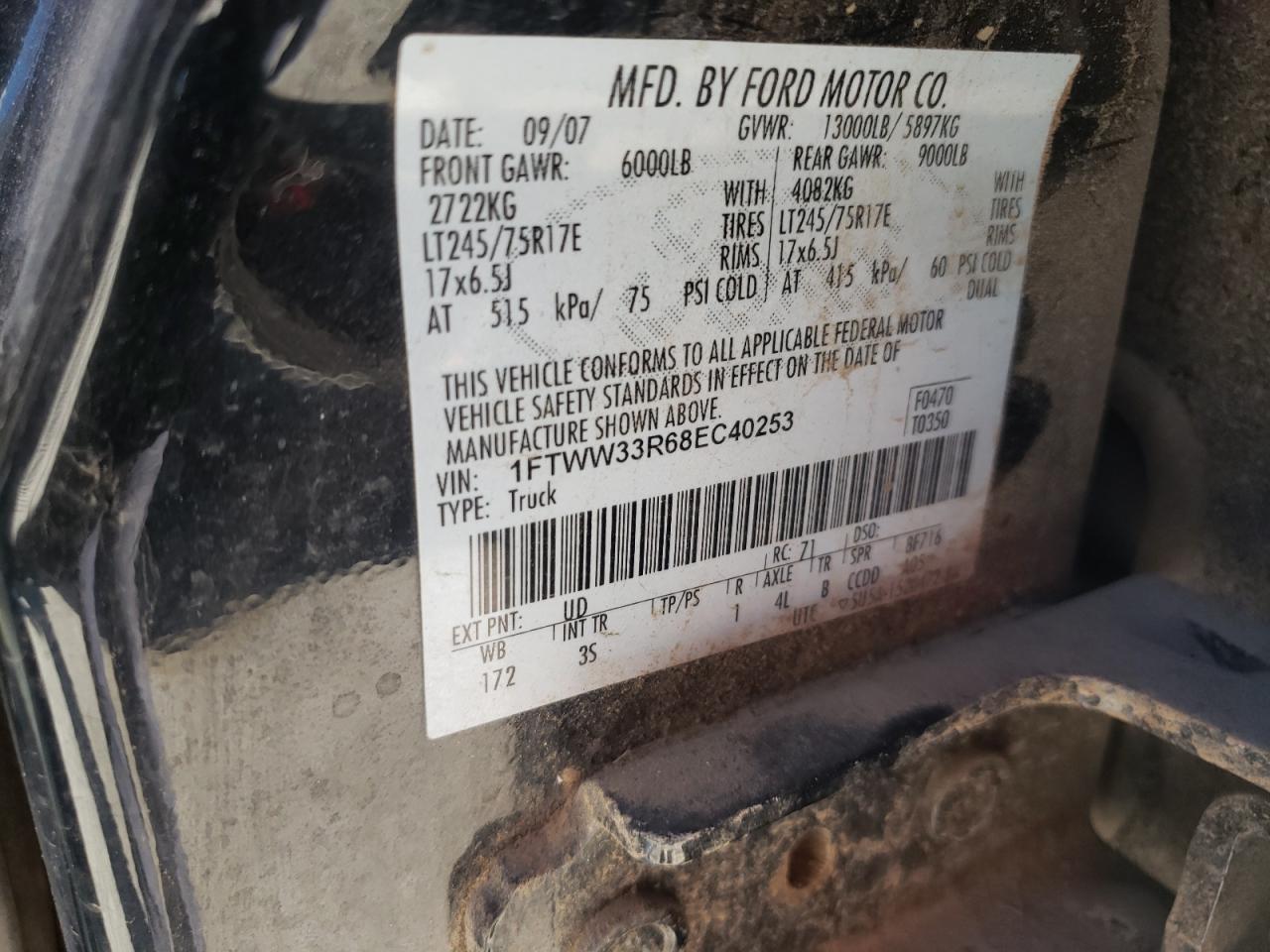 Photo 10 from auction – 2008 FORD F350 SUPER with VIN 1FTWW33R68EC40253