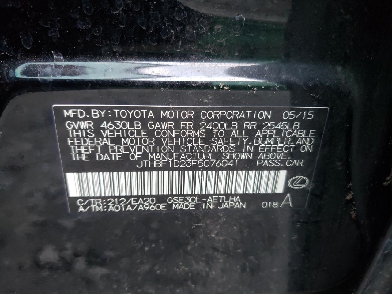 Photo 10 from auction – 2015 LEXUS IS 250 with VIN JTHBF1D23F5076041