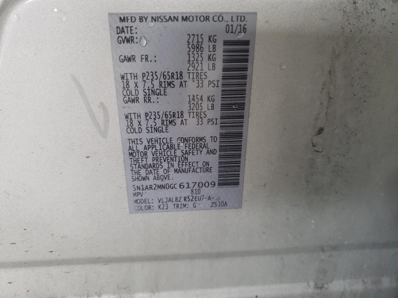 Photo 10 from auction – 2016 NISSAN PATHFINDER with VIN 5N1AR2MN0GC617009