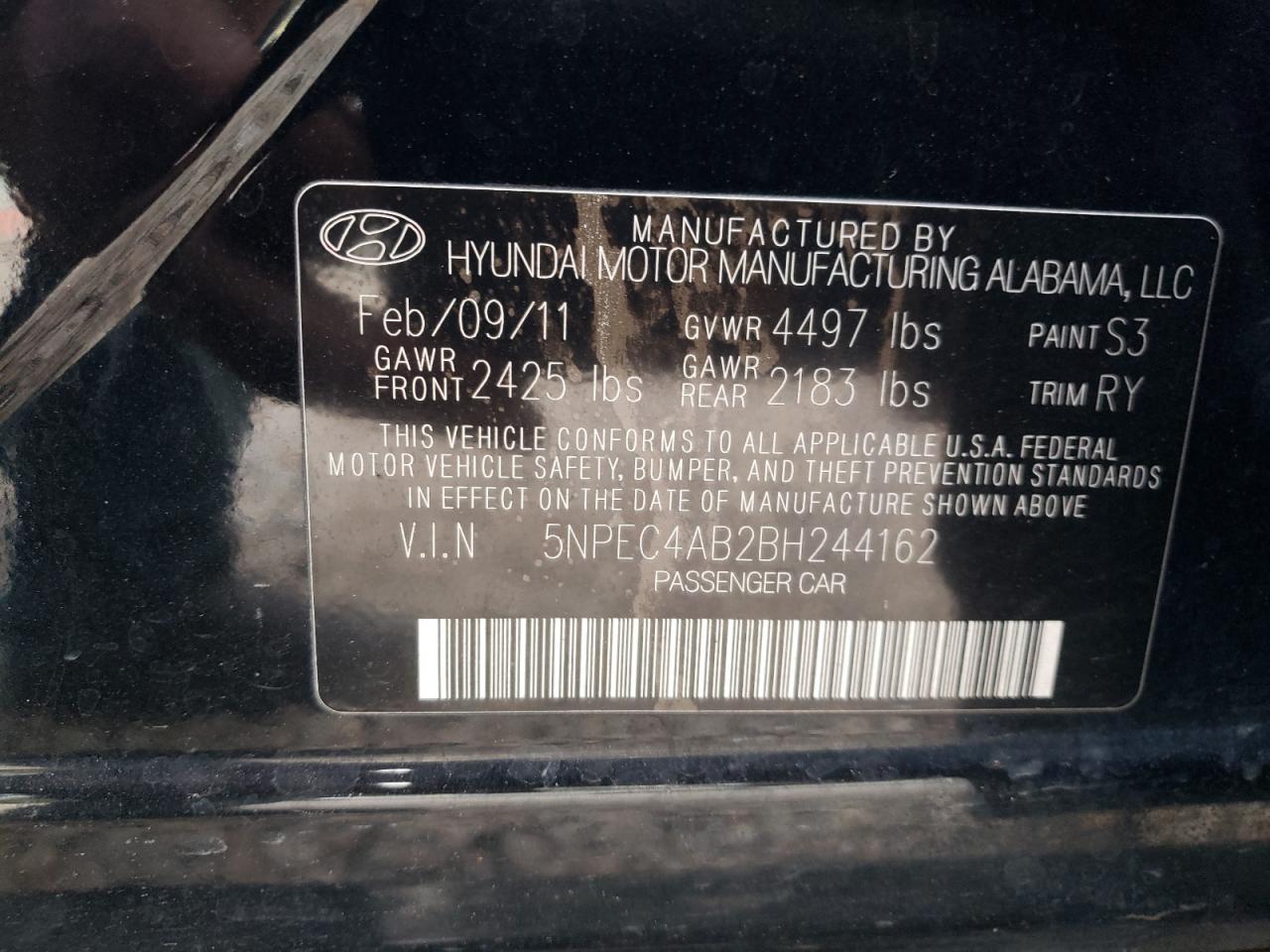 Photo 10 from auction – 2011 HYUNDAI SONATA SE with VIN 5NPEC4AB2BH244162