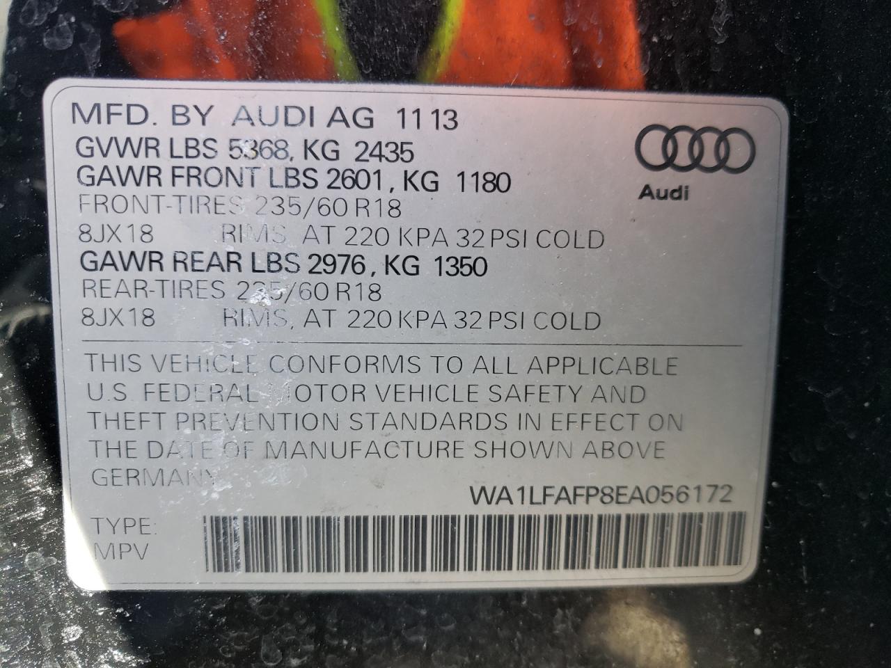 Photo 10 from auction – 2014 AUDI Q5 PREMIUM with VIN WA1LFAFP8EA056172