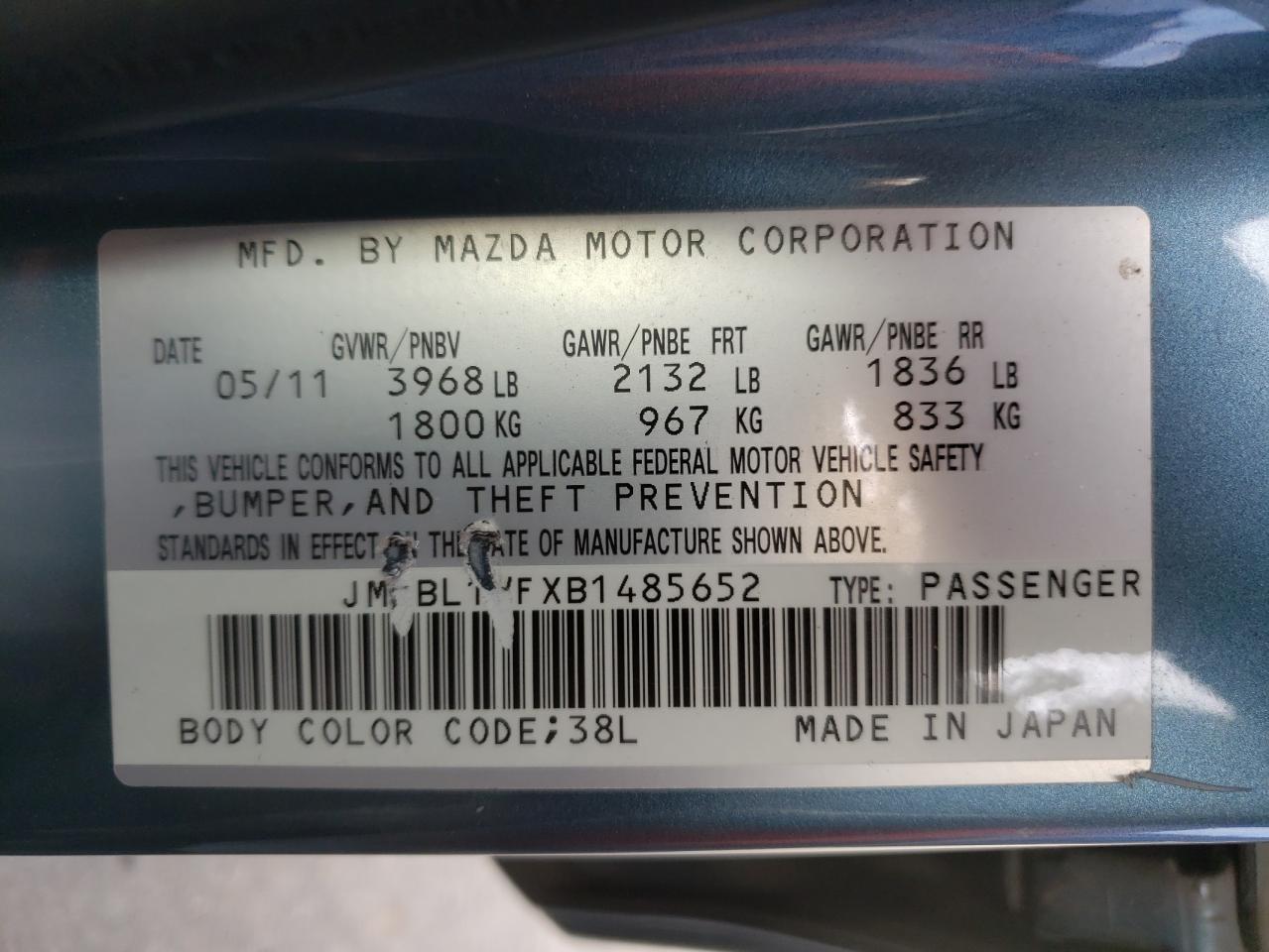 Photo 10 from auction – 2011 MAZDA 3 I with VIN JM1BL1VFXB1485652
