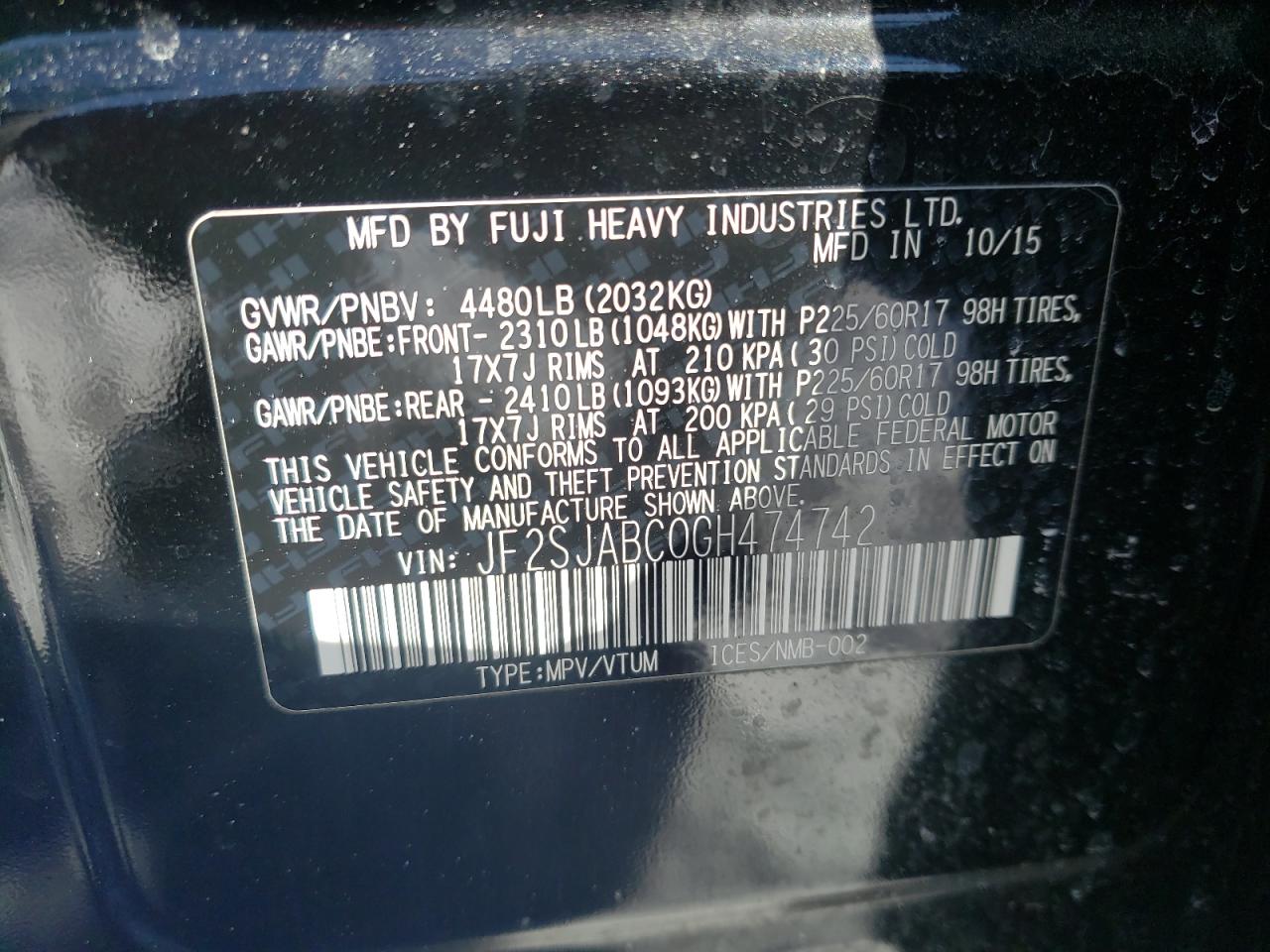 Photo 10 from auction – 2016 SUBARU FORESTER 2 with VIN JF2SJABC0GH474742