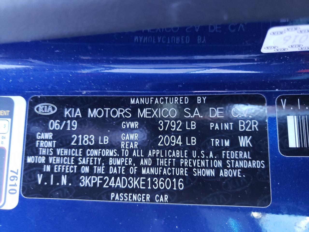 Photo 10 from auction – 2019 KIA FORTE FE with VIN 3KPF24AD3KE136016