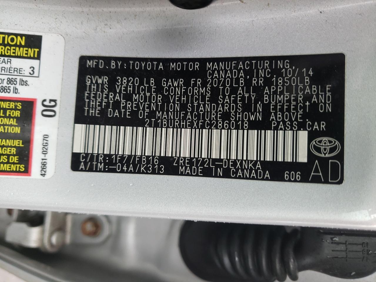Photo 10 from auction – 2015 TOYOTA COROLLA L with VIN 2T1BURHEXFC286018