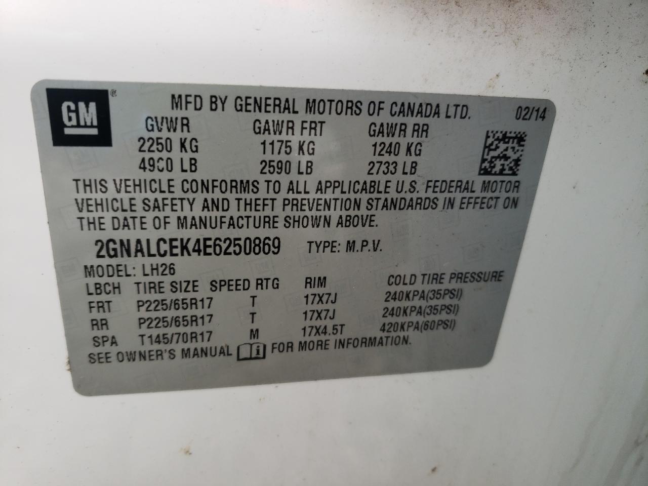 Photo 10 from auction – 2014 CHEVROLET EQUINOX LT with VIN 2GNALCEK4E6250869