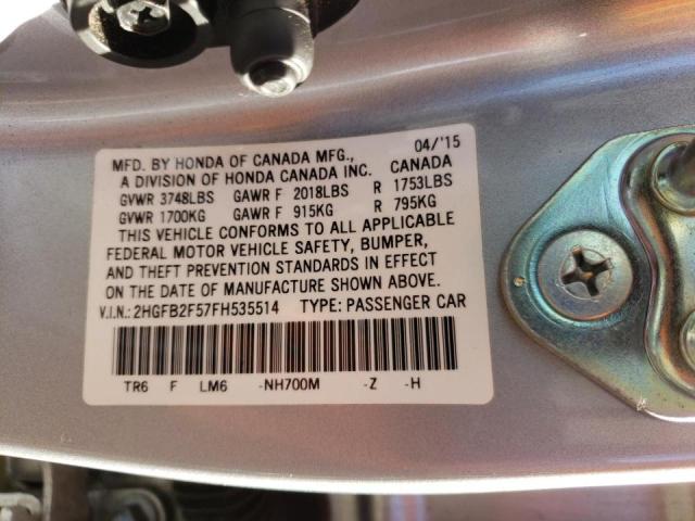 Photo 10 from auction – 2015 HONDA CIVIC LX with VIN 2HGFB2F57FH535514