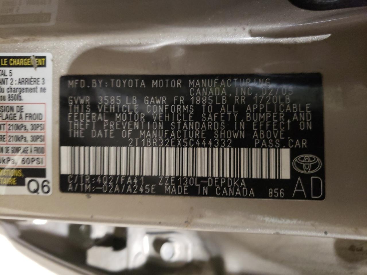 Photo 10 from auction – 2005 TOYOTA COROLLA CE with VIN 2T1BR32EX5C444332