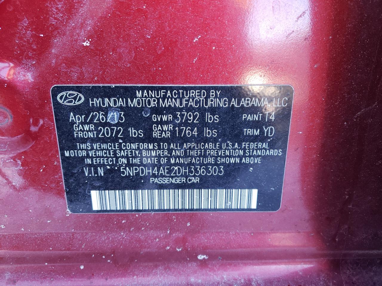 Photo 10 from auction – 2013 HYUNDAI ELANTRA GL with VIN 5NPDH4AE2DH336303