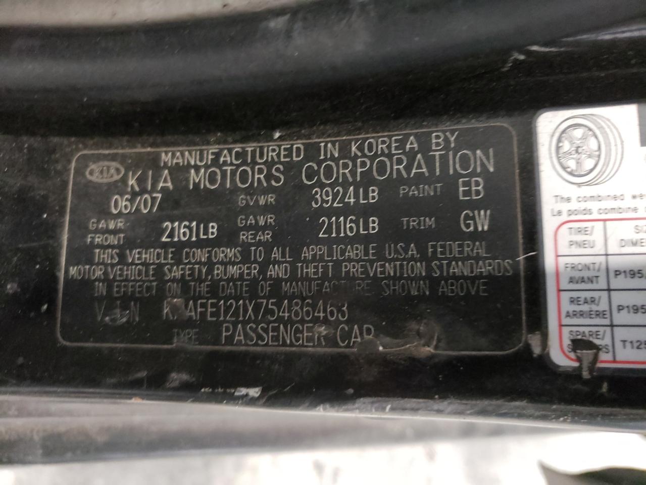 Photo 10 from auction – 2007 KIA SPECTRA EX with VIN KNAFE121X75486463