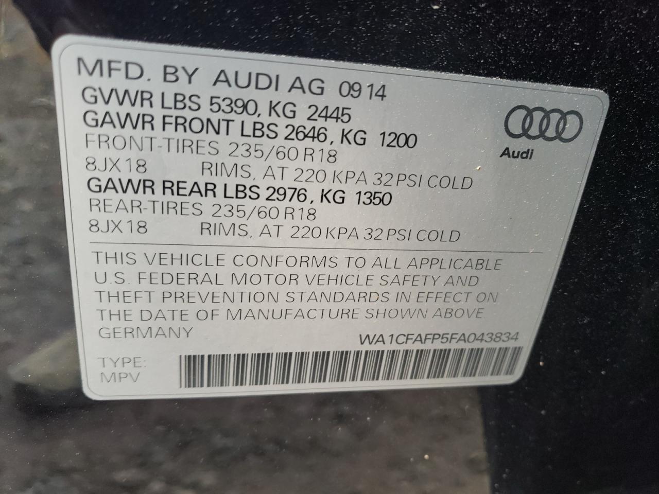 Photo 10 from auction – 2015 AUDI Q5 PREMIUM with VIN WA1CFAFP5FA043834