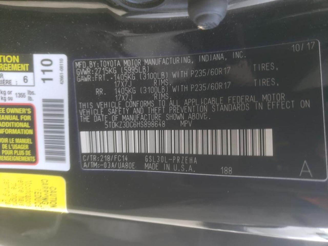 Photo 10 from auction – 2017 TOYOTA SIENNA LE with VIN 5TDKZ3DC6HS898648