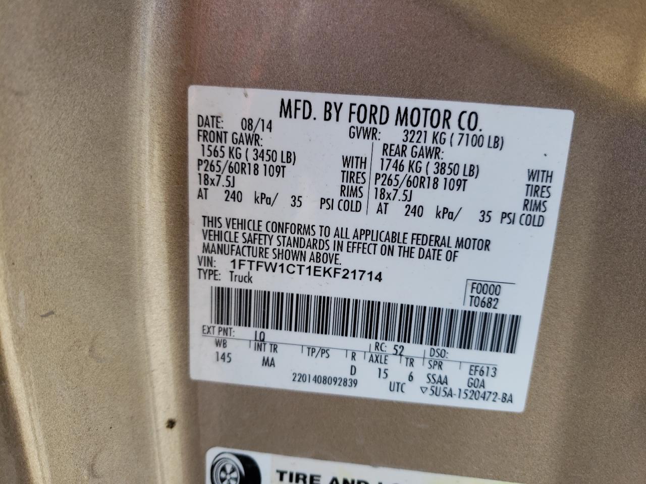 Photo 10 from auction – 2014 FORD F150 SUPER with VIN 1FTFW1CT1EKF21714