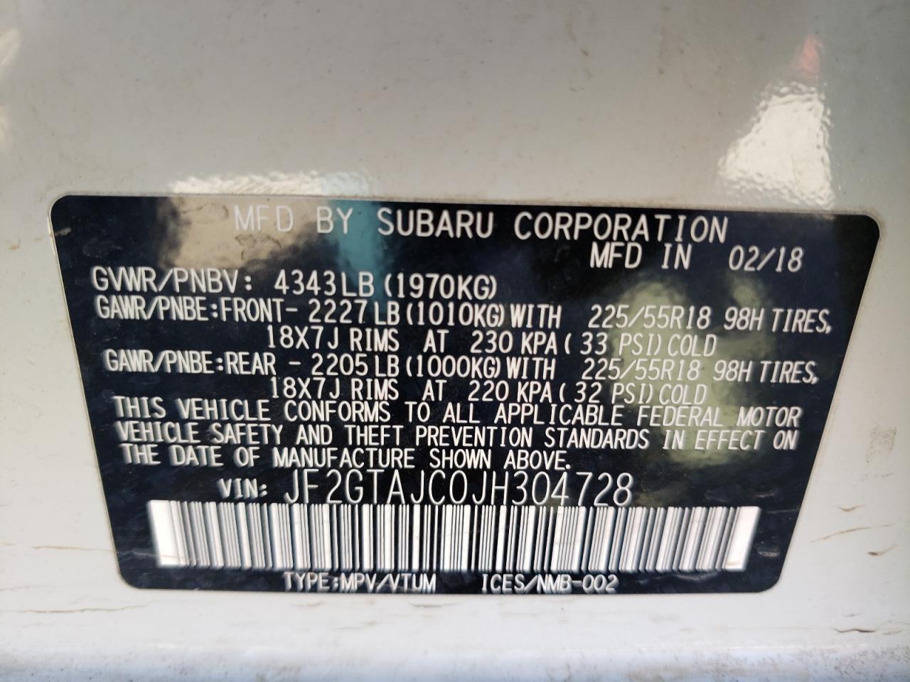 Photo 10 from auction – 2018 SUBARU CROSSTREK with VIN JF2GTAJC0JH304728