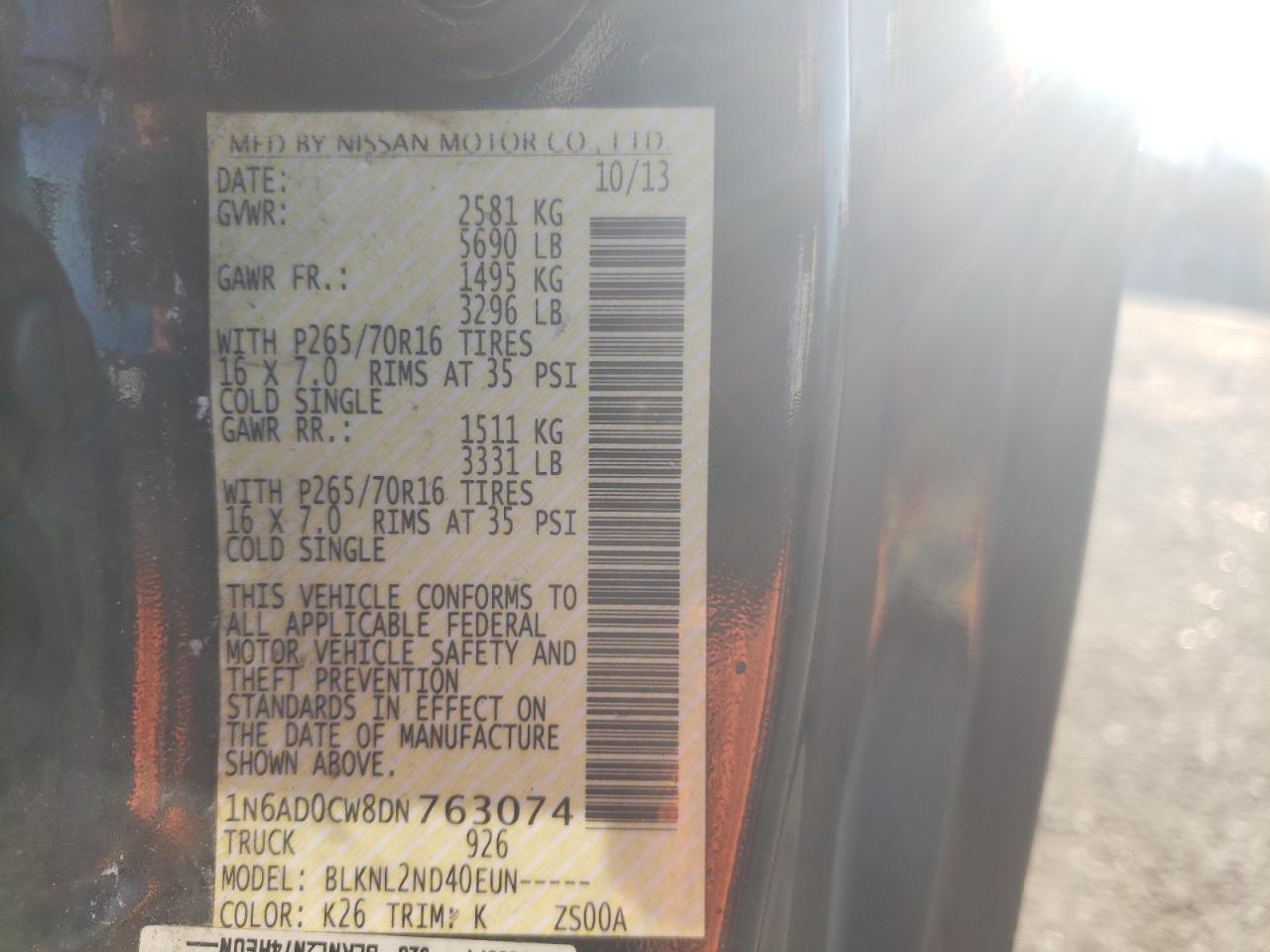 Photo 10 from auction – 2013 NISSAN FRONTIER with VIN 1N6AD0CW8DN763074