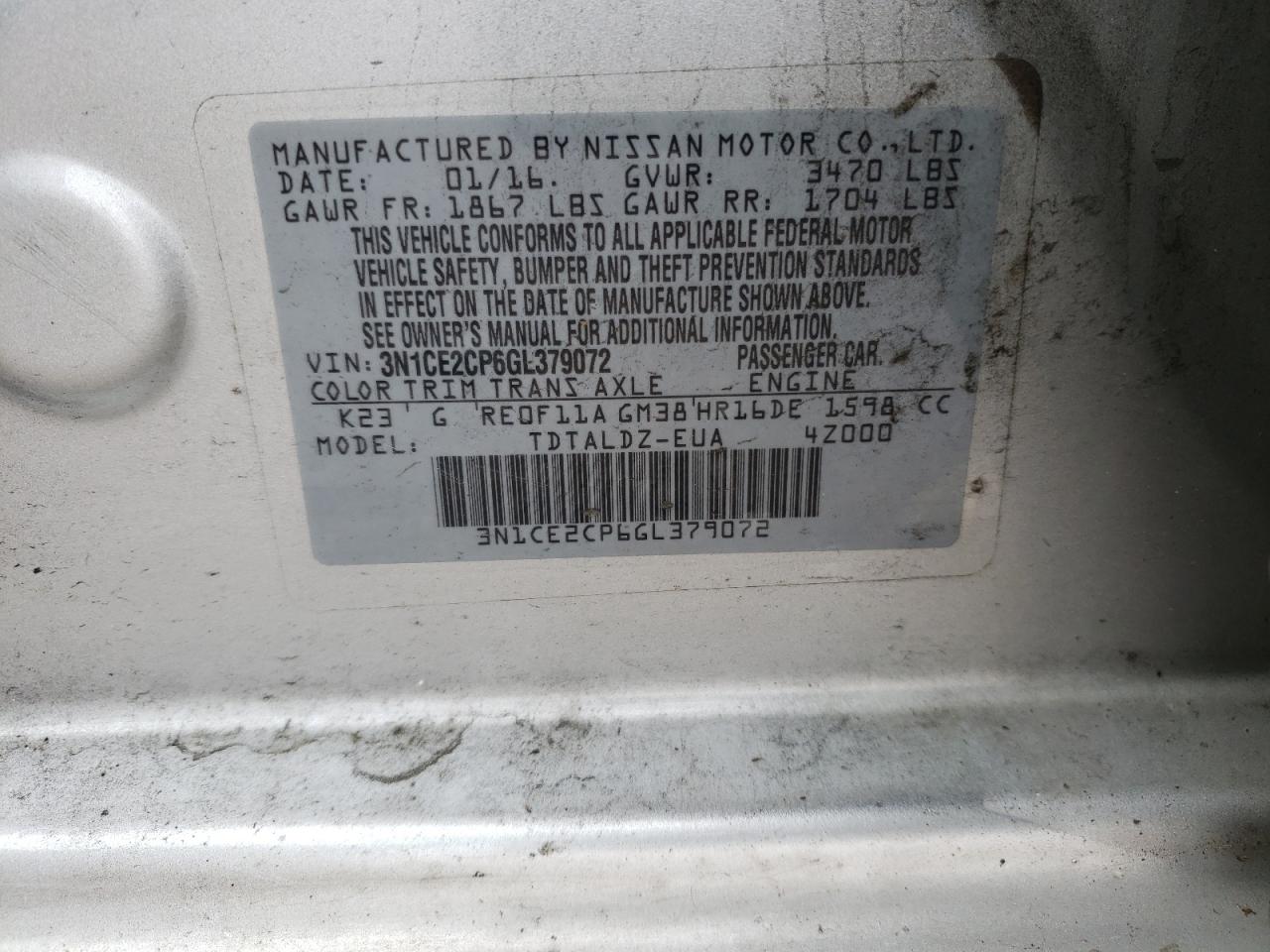 Photo 10 from auction – 2016 NISSAN VERSA NOTE with VIN 3N1CE2CP6GL379072