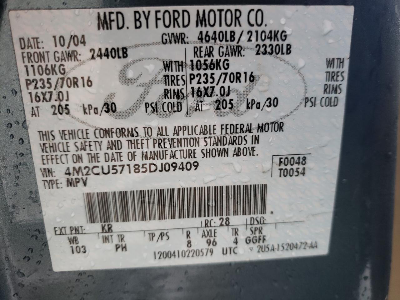 Photo 10 from auction – 2005 MERCURY MARINER with VIN 4M2CU57185DJ09409