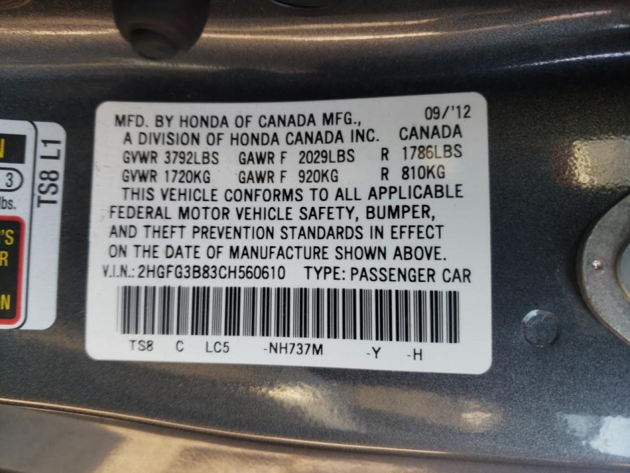 Photo 10 from auction – 2012 HONDA CIVIC EX with VIN 2HGFG3B83CH560610