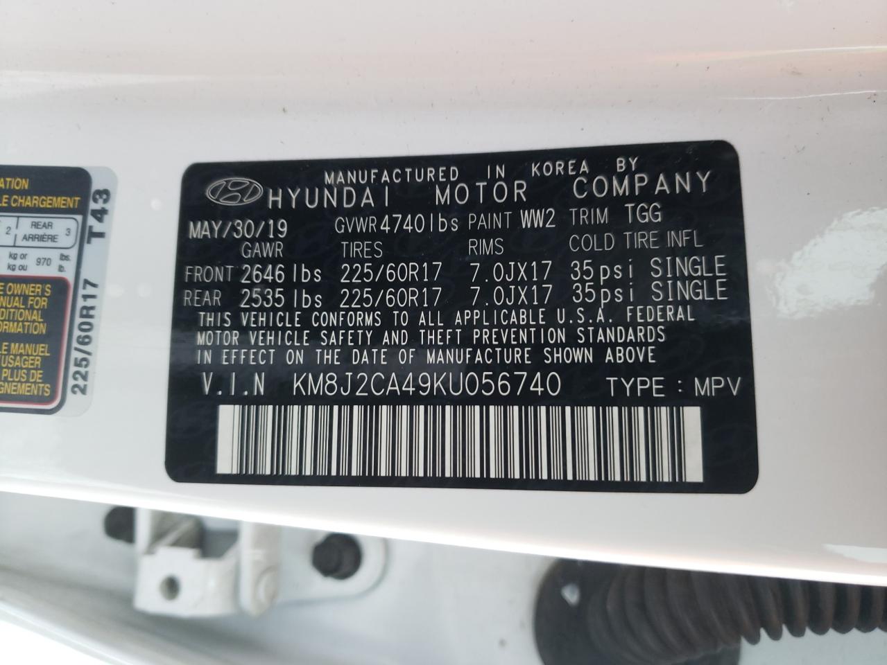 Photo 10 from auction – 2019 HYUNDAI TUCSON SE with VIN KM8J2CA49KU056740