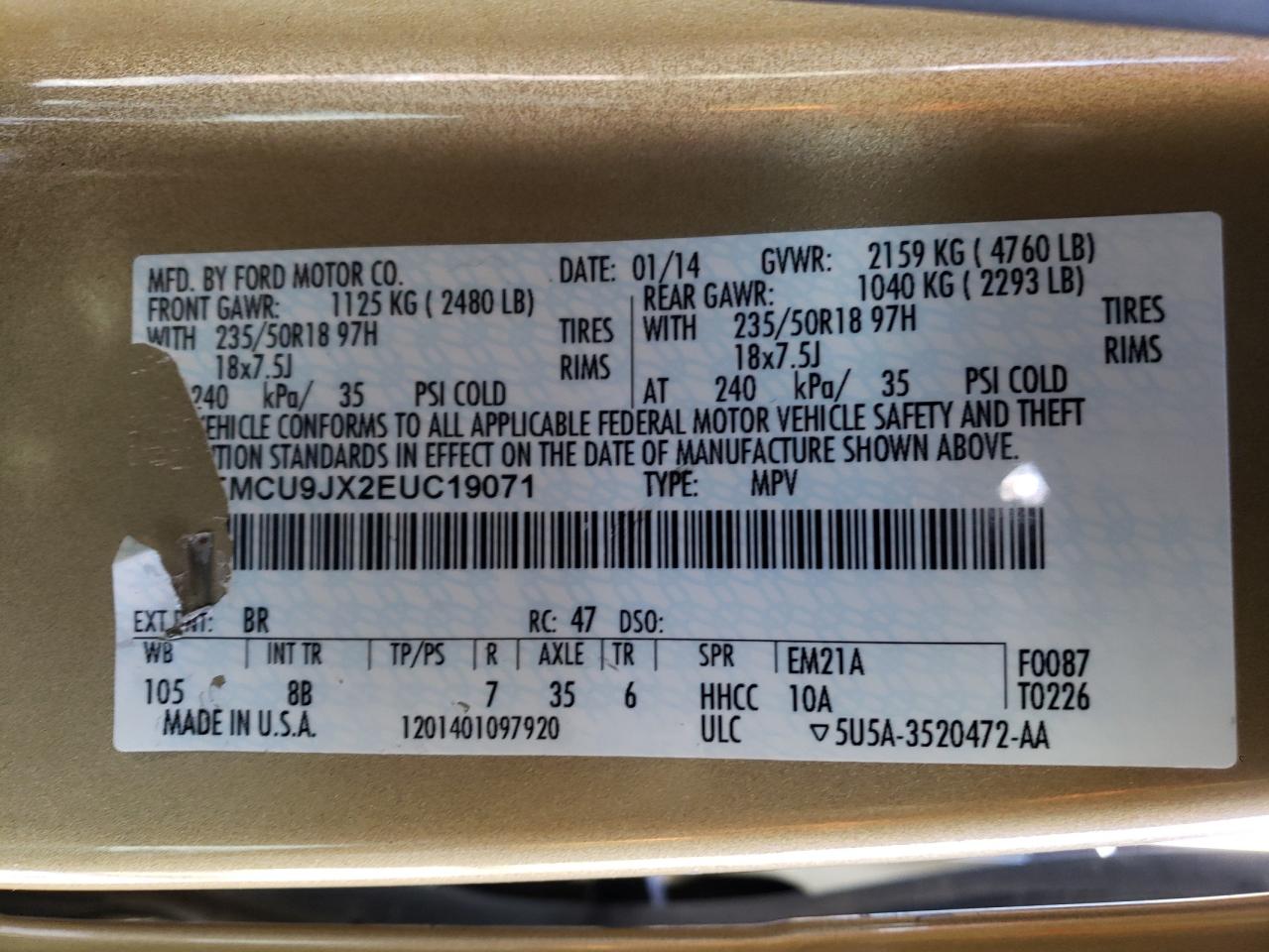 Zdjęcie 10 z aukcji – 2014 FORD ESCAPE TIT z VIN 1FMCU9JX2EUC19071