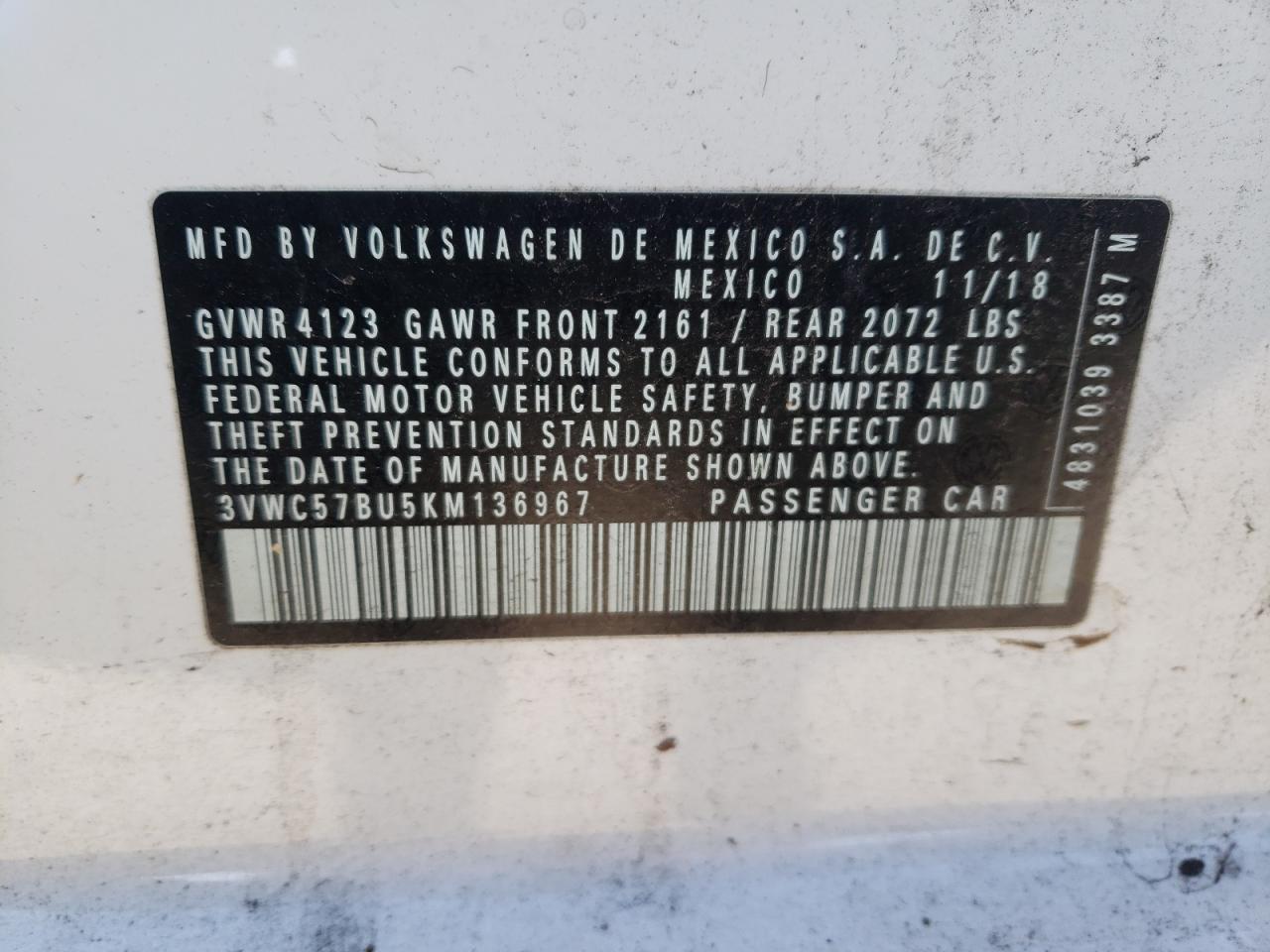Photo 10 from auction – 2019 VOLKSWAGEN JETTA with VIN 3VWC57BU5KM136967