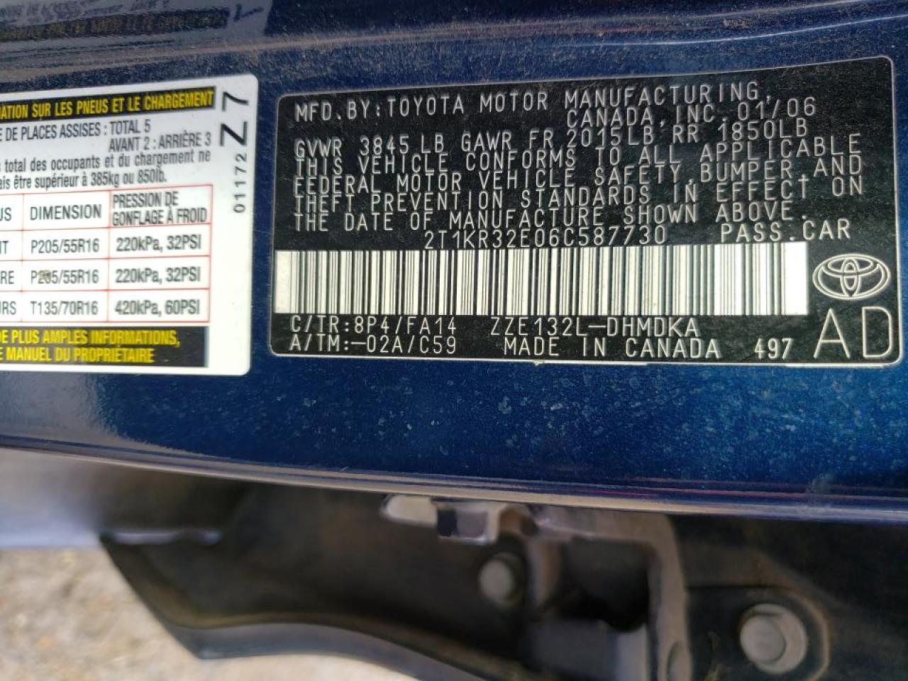 Photo 10 from auction – 2006 TOYOTA COROLLA MA with VIN 2T1KR32E06C587730