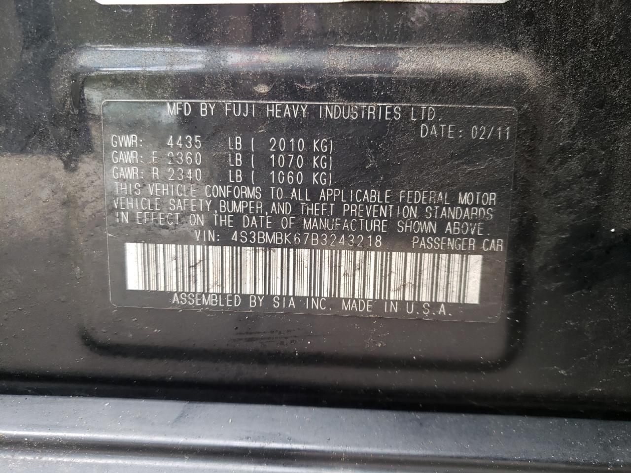 صورة رقم 10 من المزاد - 2011 SUBARU LEGACY 2.5 مع VIN 4S3BMBK67B3243218